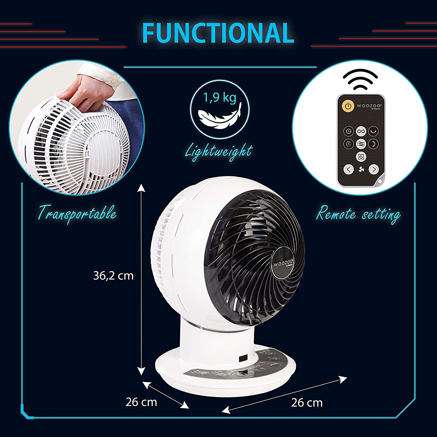 Woozoo PCF-SDC18T - Silent, Oscillating and Ultra-Powerful Fan with DC Jet Motor and Remote Control, For area 54m²